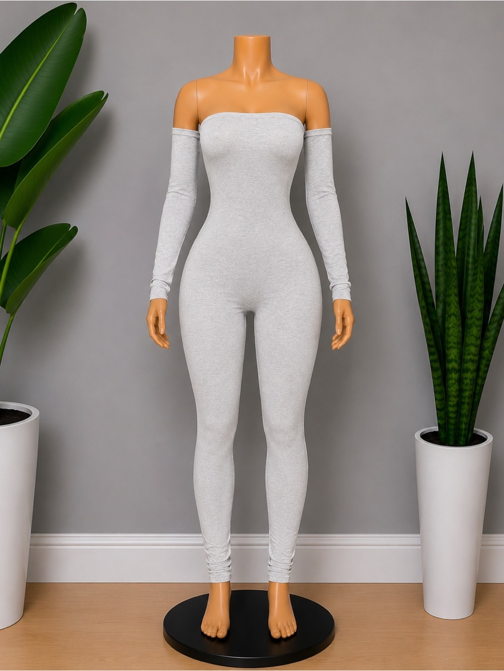 Off-Shoulder Ribbed Jumpsuit in Light Gray